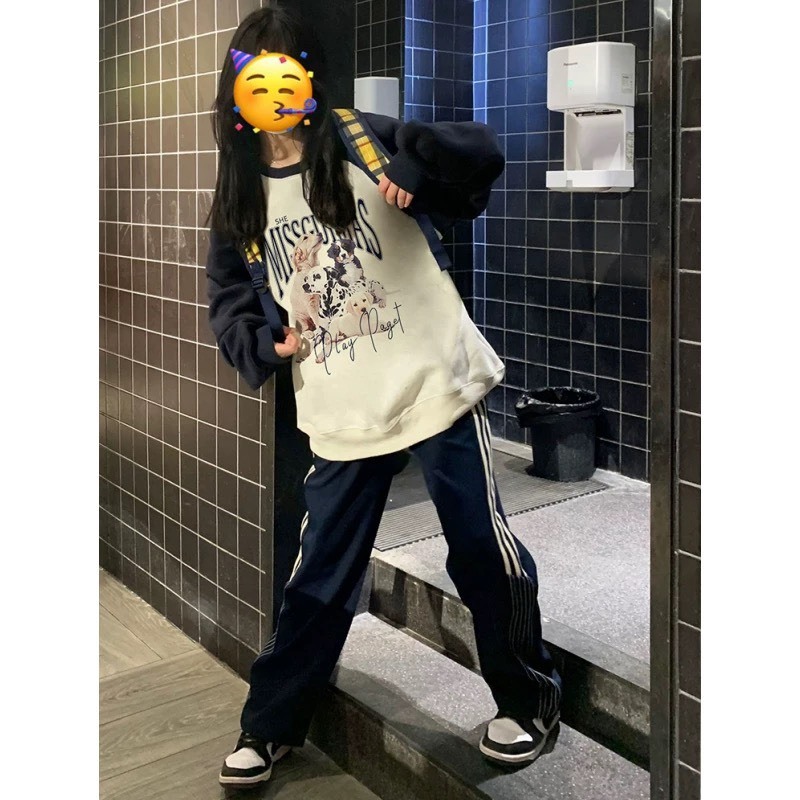 Áo nỉ dài taynam nữ,áo Sweater raglang phối màu in hình ba chú cún cute đáng yêu hottrend Hàn