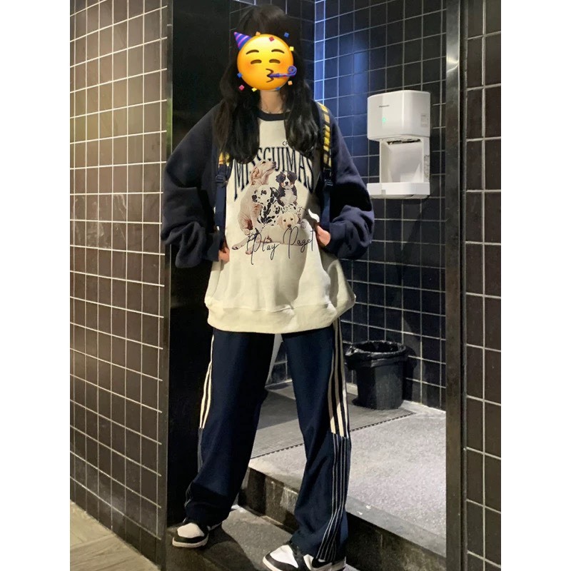 Áo nỉ dài taynam nữ,áo Sweater raglang phối màu in hình ba chú cún cute đáng yêu hottrend Hàn
