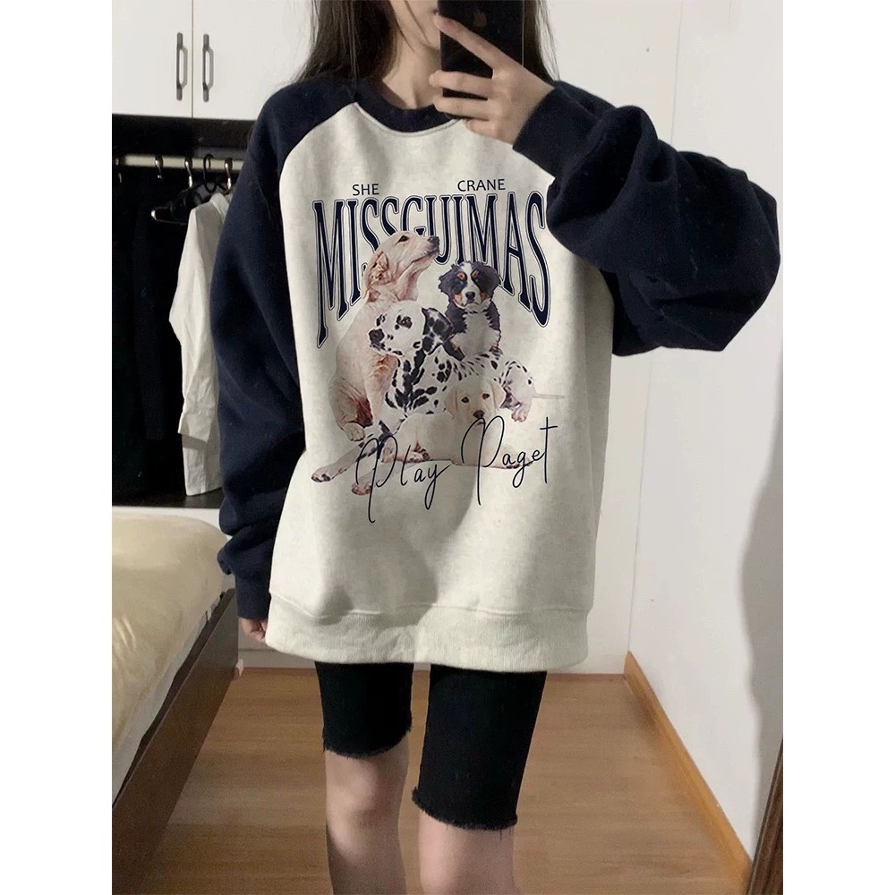 Áo nỉ dài taynam nữ,áo Sweater raglang phối màu in hình ba chú cún cute đáng yêu hottrend Hàn