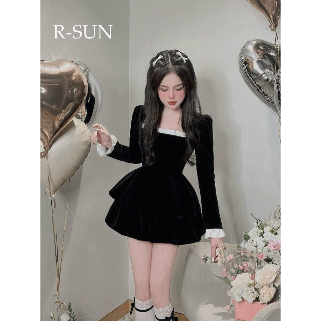 Váy nhung viền bèo trắng sang chảnh - Sarang Clothing