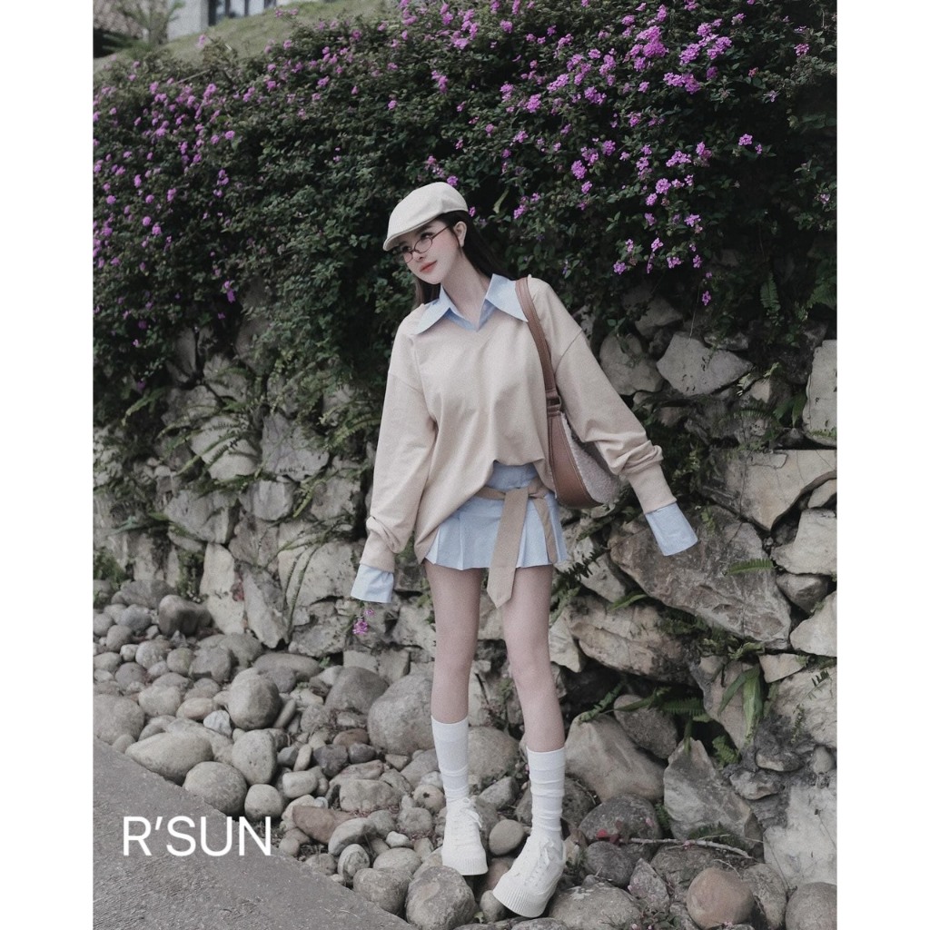 Set sơmi kẻ xanh kèm áo nỉ da cá phối màu - Sarang Clothing