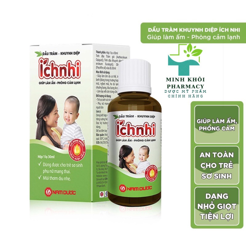 Dầu tràm khuynh diệp Ích Nhi 30ml giúp phòng cảm lạnh, làm ấm, an toàn cho trẻ sơ sinh và phụ nữ có thai, sau sinh
