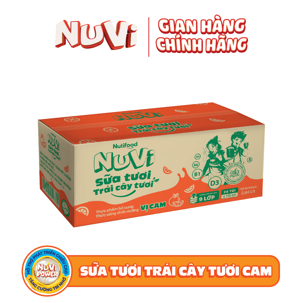 (CÓ THẺ ĐỔI QUẢ) Thùng 24 túi NuVi Sữa Tươi trái cây tươi Cam túi  110 ml - Thương Hiệu NUTIFOOD - YOOSOO MALL