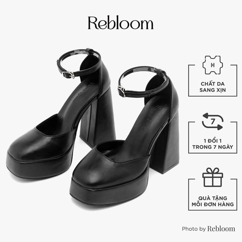 Giày cao gót Rebloom - Giày Mary Jane đế trụ vuông 12cm phiên bản đặc biệt màu đen