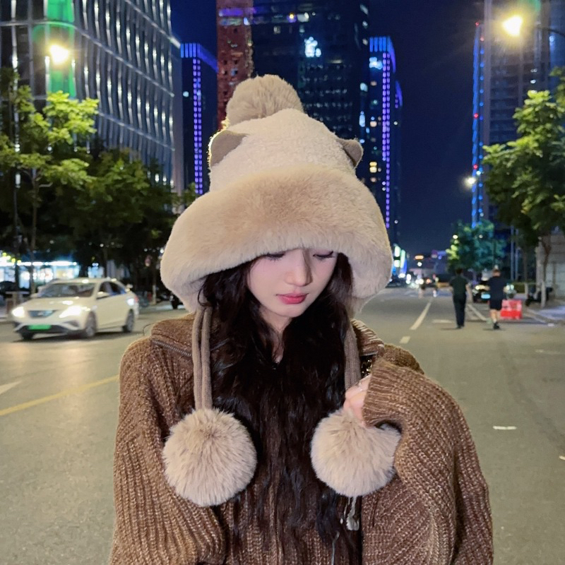 Mũ len lông cừu dễ thương dày dặn giữ ấm tai gấu cute thời trang Hàn Quốc mùa đông dành cho nữ