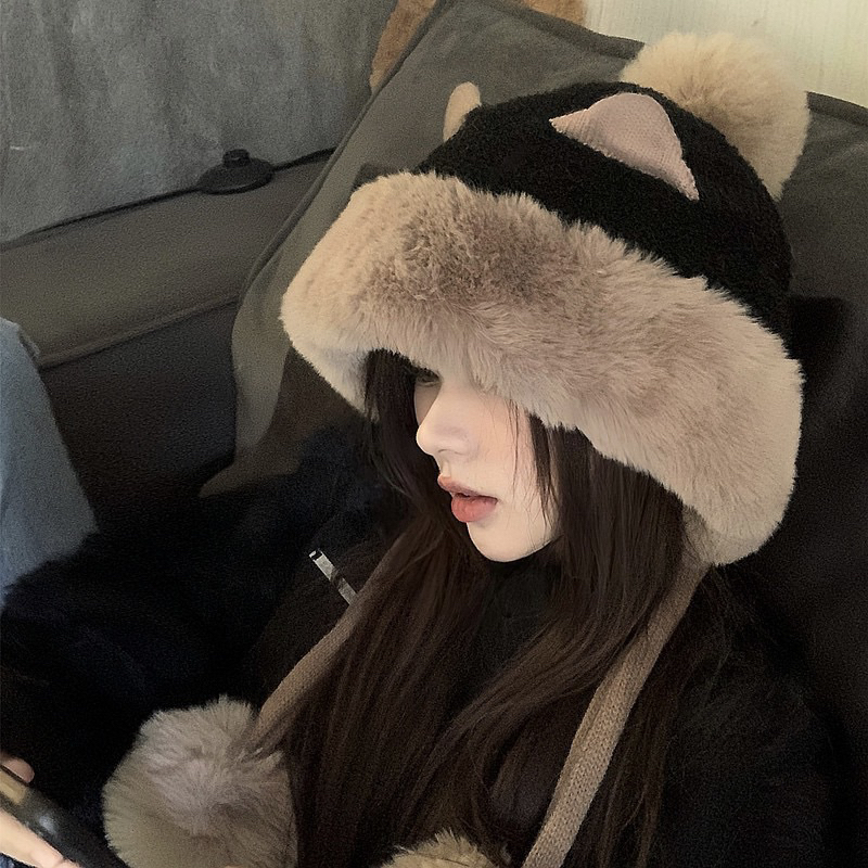 Mũ len lông cừu dễ thương dày dặn giữ ấm tai gấu cute thời trang Hàn Quốc mùa đông dành cho nữ
