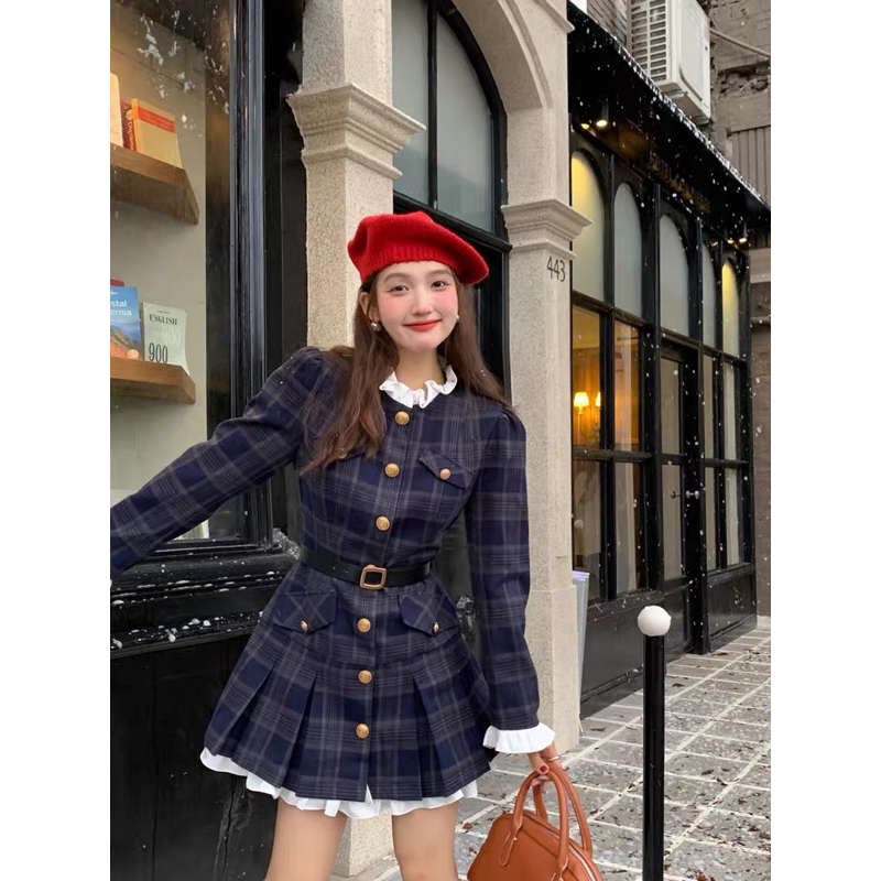 Đầm váy dài tay dáng tiểu thư kèm thắt lưng