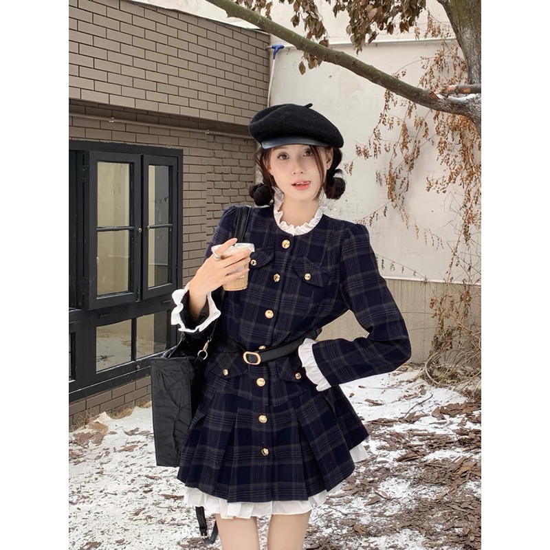 Đầm váy dài tay dáng tiểu thư kèm thắt lưng