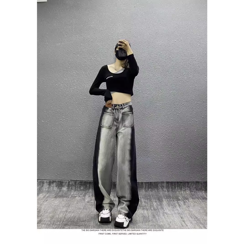 Quần jeans ulzzang cạp cao đen pha xám nổi bật phong cách đường phố dáng suông rộng hai túi trước denim bò