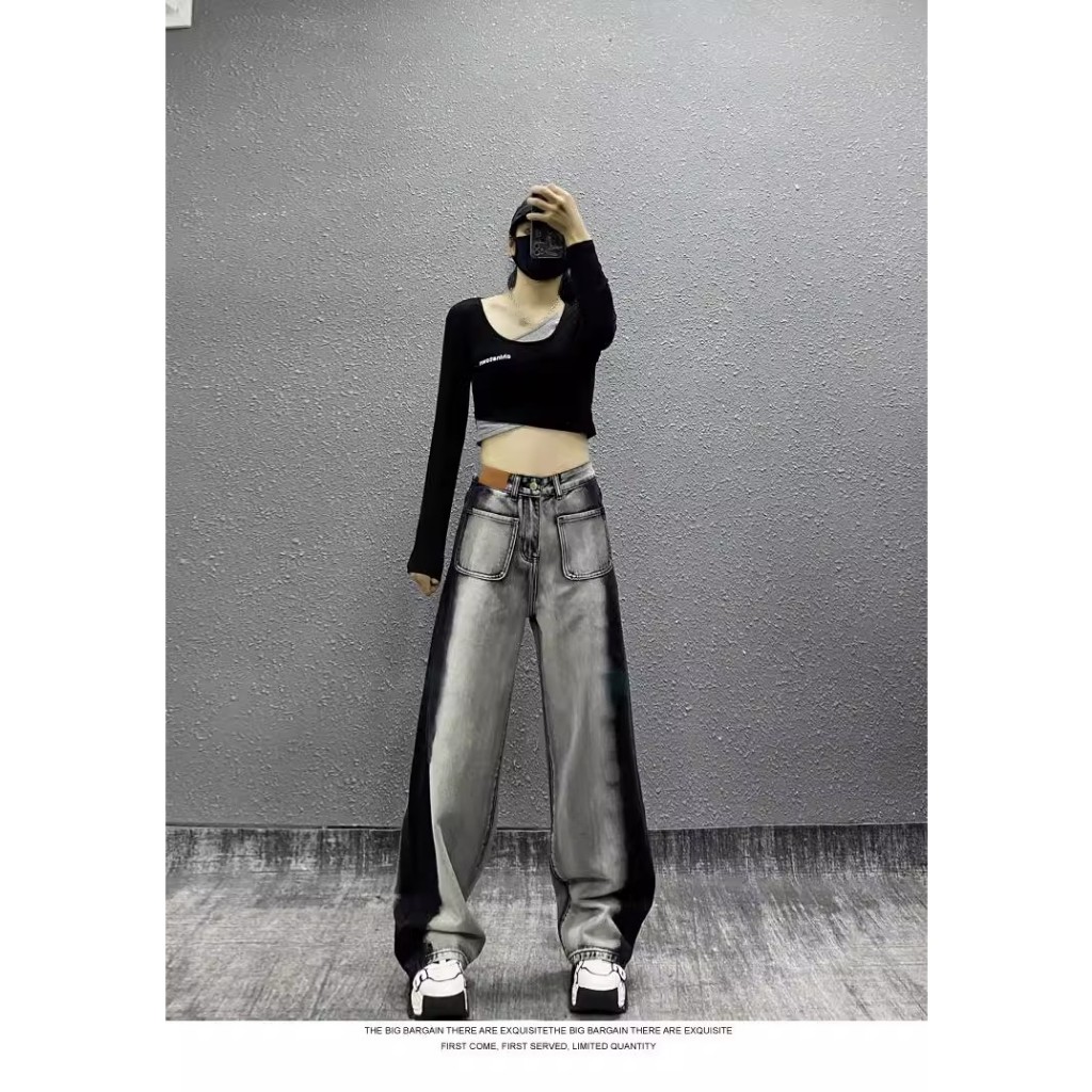 Quần jeans ulzzang cạp cao đen pha xám nổi bật phong cách đường phố dáng suông rộng hai túi trước denim bò