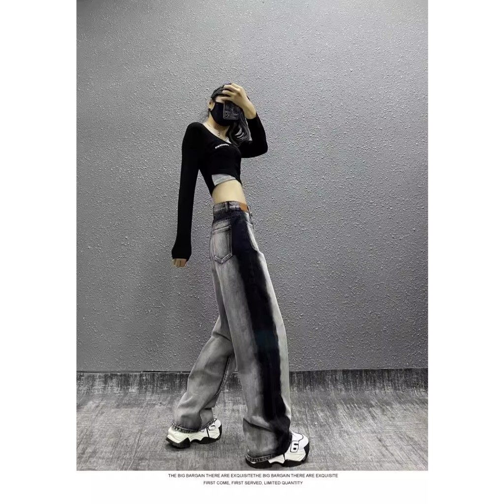 Quần jeans ulzzang cạp cao đen pha xám nổi bật phong cách đường phố dáng suông rộng hai túi trước denim bò