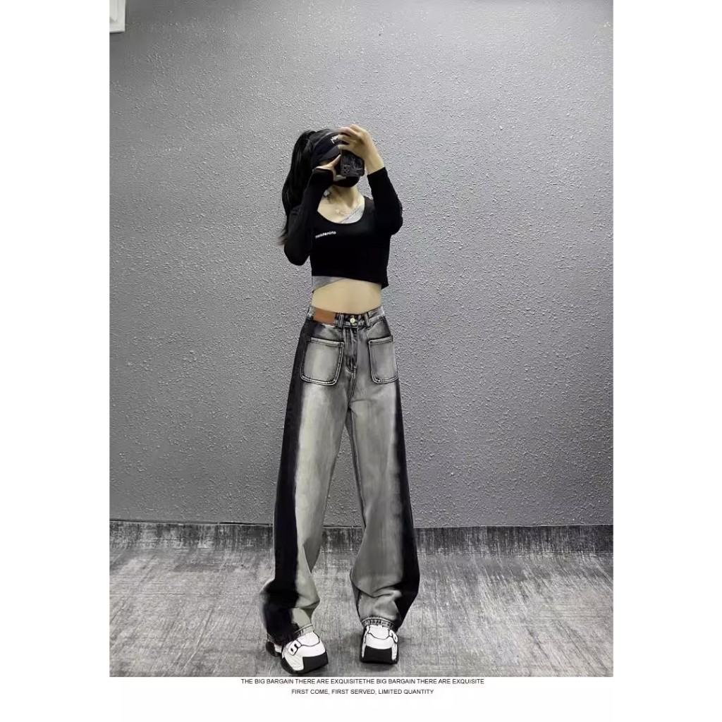 Quần jeans ulzzang cạp cao đen pha xám nổi bật phong cách đường phố dáng suông rộng hai túi trước denim bò