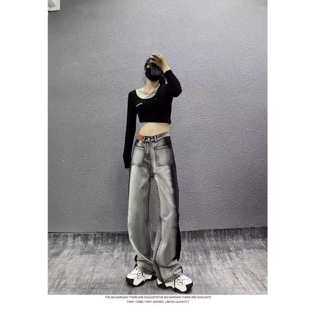 Quần jeans ulzzang cạp cao đen pha xám nổi bật phong cách đường phố dáng suông rộng hai túi trước denim bò