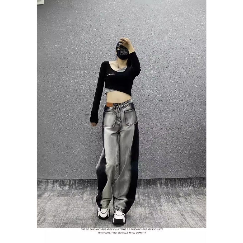 Quần jeans ulzzang cạp cao đen pha xám nổi bật phong cách đường phố dáng suông rộng hai túi trước denim bò