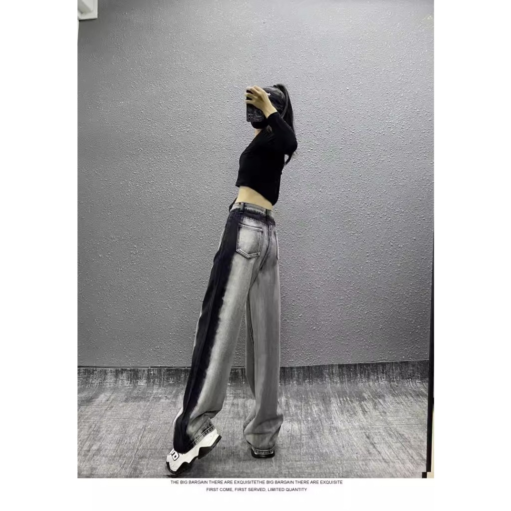 Quần jeans ulzzang cạp cao đen pha xám nổi bật phong cách đường phố dáng suông rộng hai túi trước denim bò