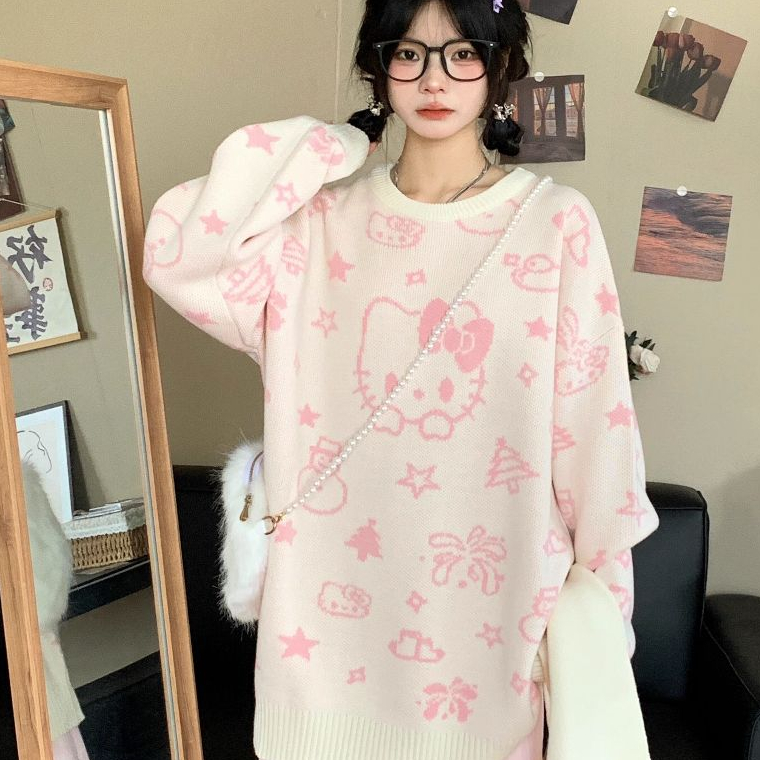 Áo len Kitty sweater cổ tròn Mèo Kitty siêu cưng màu hồng baby nhạt form chùm mông dấu quần