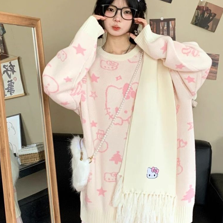 Áo len Kitty sweater cổ tròn Mèo Kitty siêu cưng màu hồng baby nhạt form chùm mông dấu quần