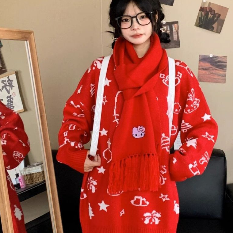 Áo len Kitty sweater cổ tròn Mèo Kitty siêu cưng màu hồng baby nhạt form chùm mông dấu quần