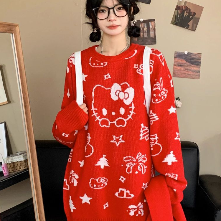 Áo len Kitty sweater cổ tròn Mèo Kitty siêu cưng màu hồng baby nhạt form chùm mông dấu quần