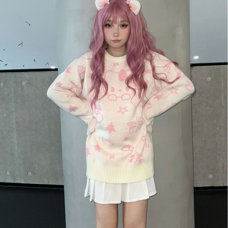 Áo len Kitty sweater cổ tròn Mèo Kitty siêu cưng màu hồng baby nhạt form chùm mông dấu quần