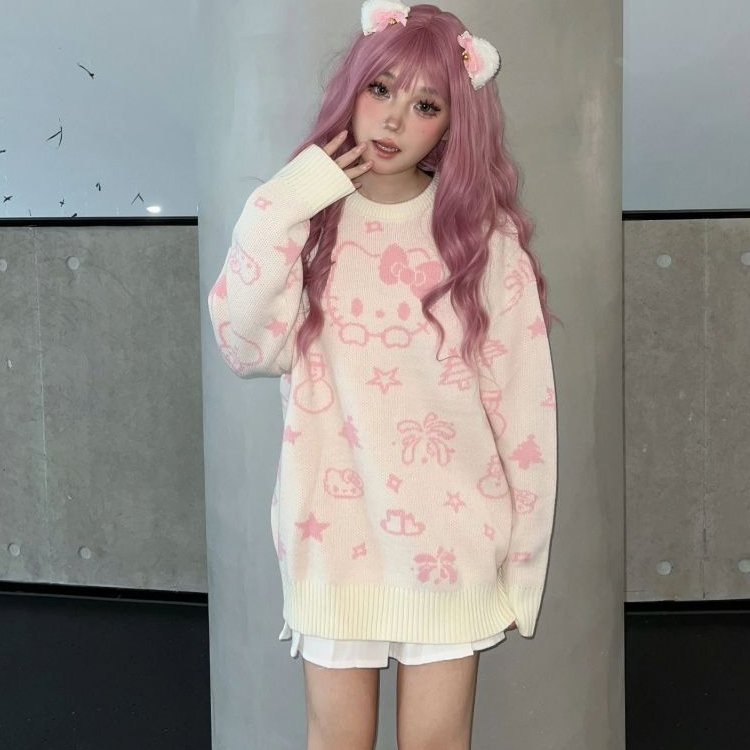 Áo len Kitty sweater cổ tròn Mèo Kitty siêu cưng màu hồng baby nhạt form chùm mông dấu quần