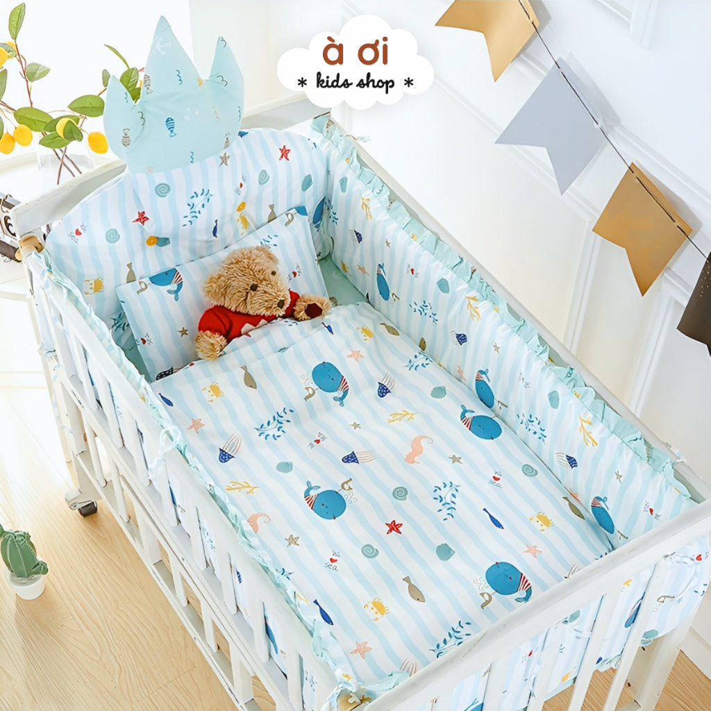 Bộ Quây Cũi Cho Bé Nhiều Kích thước, Thiết kế Vương miện Cao cấp, Chất Cotton Êm ái, Chống Va Đập Cho Bé - À Ơi Home