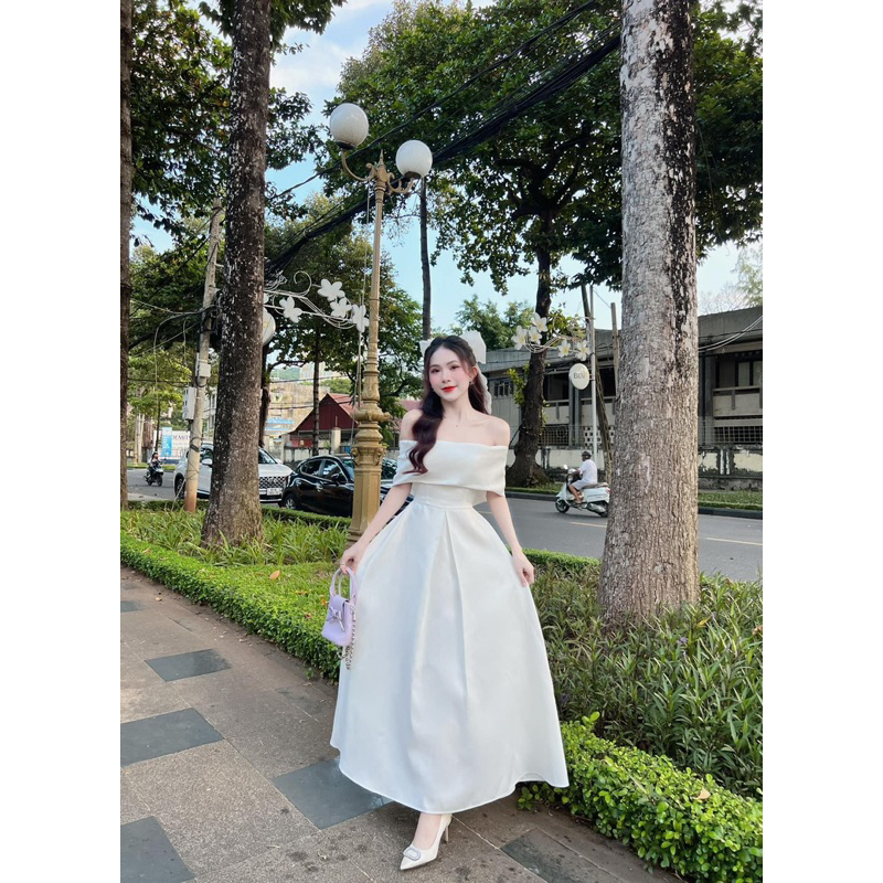Váy Trắng Cưới Trễ Vai Dự Tiệc Sang Trọng Size S M Chất Lụa Taffa V491 AĐ BOUTIQUE