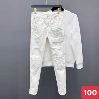 Quần jean nam boy phố rách gối to màu trắng chất bò cao cấp co dãn 4 chiều form dáng skinny ADO 100 mẫu mới