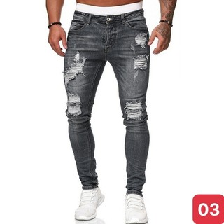 Quần jean nam màu xám nhạt rách gối chất bò cao cấp co dãn 4 chiều form skinny ADO59 mẫu mới