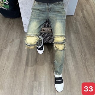 Quần jeans nam boy phố rách gối to màu xanh chất bò cao cấp co dãn 4 chiều form dáng skinny ADO 33 mẫu mới