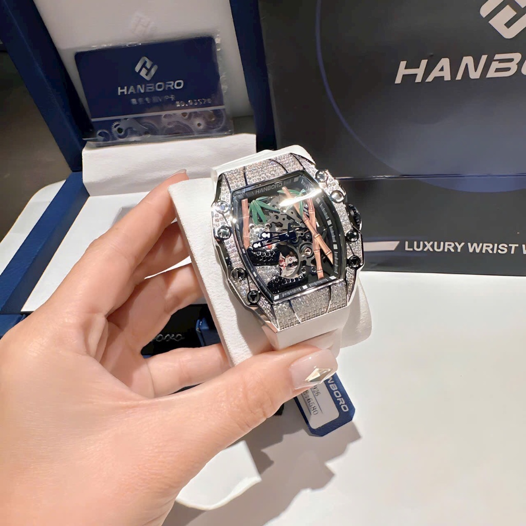 Đồng hồ nam Hanboro HBR-926 Automatic Hoạ Tiết Gấu Trúc Đính Đá, Size 40x50mm, Authentic, Full box, Luxury Diamond Watch