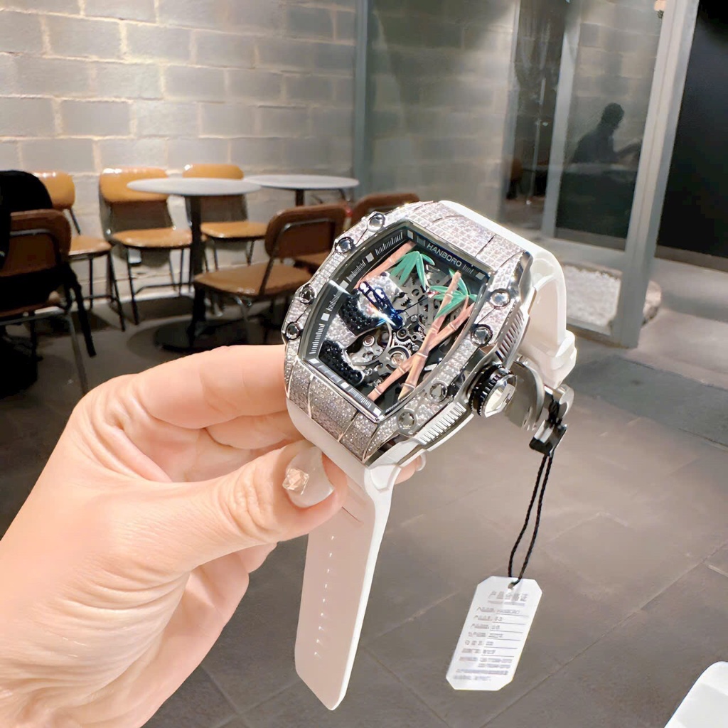 Đồng hồ nam Hanboro HBR-926 Automatic Hoạ Tiết Gấu Trúc Đính Đá, Size 40x50mm, Authentic, Full box, Luxury Diamond Watch