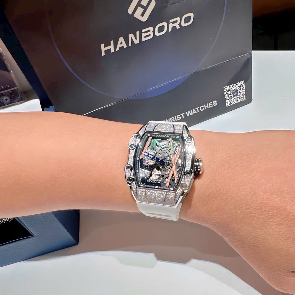 Đồng hồ nam Hanboro HBR-926 Automatic Hoạ Tiết Gấu Trúc Đính Đá, Size 40x50mm, Authentic, Full box, Luxury Diamond Watch
