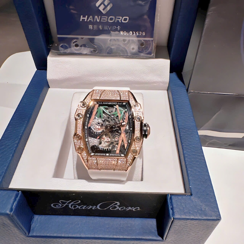 Đồng hồ nam Hanboro HBR-926 Automatic Hoạ Tiết Gấu Trúc Đính Đá, Size 40x50mm, Authentic, Full box, Luxury Diamond Watch