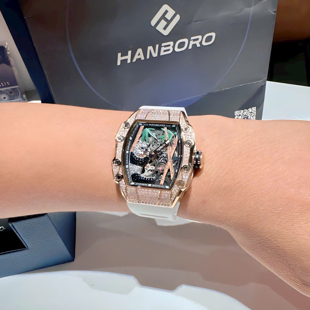 Đồng hồ nam Hanboro HBR-926 Automatic Hoạ Tiết Gấu Trúc Đính Đá, Size 40x50mm, Authentic, Full box, Luxury Diamond Watch