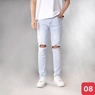 Quần jean nam màu xanh nhạt rách gối to chất liệu bò cao cấp co dãn 4 chiều form skinny HAVADOSHOP C56 mới