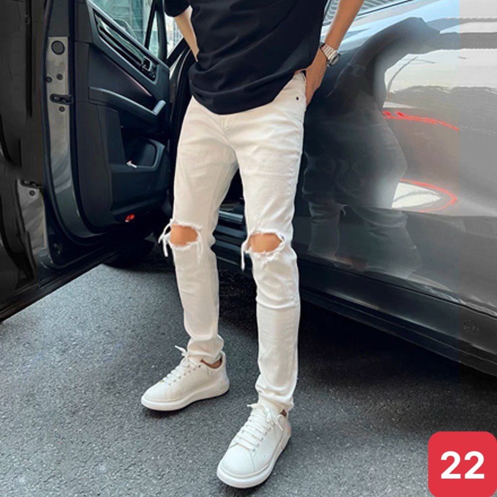 Quần jeans nam boy phố rách vá da gối màu trắng chất bò cao cấp co dãn 4 chiều form dáng skinny ADO 28 mẫu mới