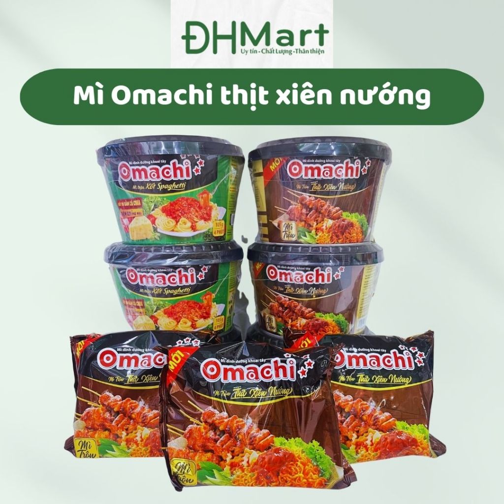 Mì bát, mì gói Omachi trộn thịt xiên nướng, xốt Spaghetti bò bằm cà chua thêm gói phô mai 95g