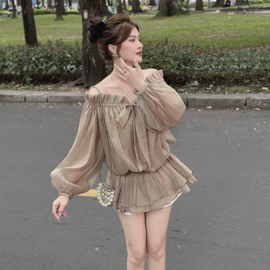 Áo voan tơ trễ vai tiểu thư - Áo váy tơ trễ vai xốp phồng nơ ngực chun eo tiểu thư
