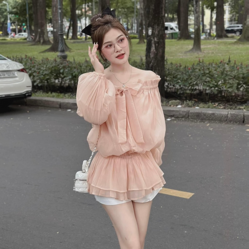 Áo voan tơ trễ vai tiểu thư - Áo váy tơ trễ vai xốp phồng nơ ngực chun eo tiểu thư