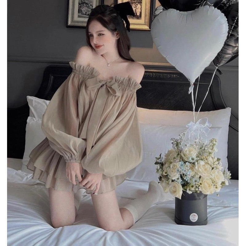 Áo voan tơ trễ vai tiểu thư - Áo váy tơ trễ vai xốp phồng nơ ngực chun eo tiểu thư