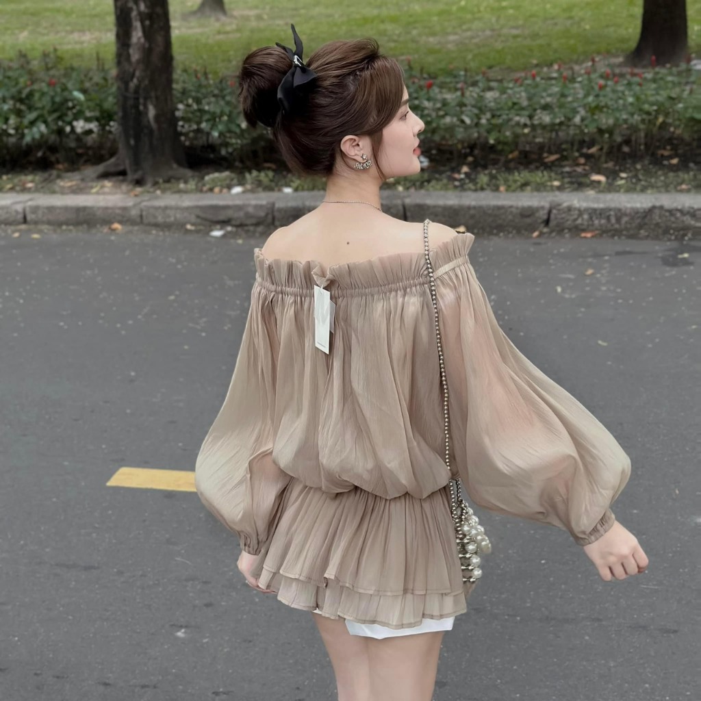 Áo voan tơ trễ vai tiểu thư - Áo váy tơ trễ vai xốp phồng nơ ngực chun eo tiểu thư