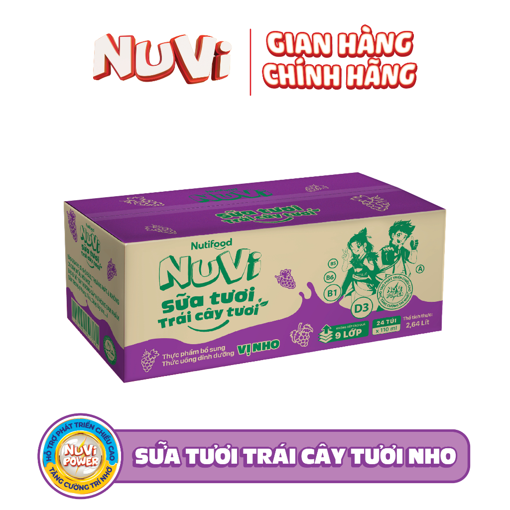 (CÓ THẺ ĐỔI QUẢ) Thùng 24 túi NuVi Power Sữa  Tươi Trái Cây Tươi Nho túi  110 ml - NUTIFOOD - YOOSOO MALL