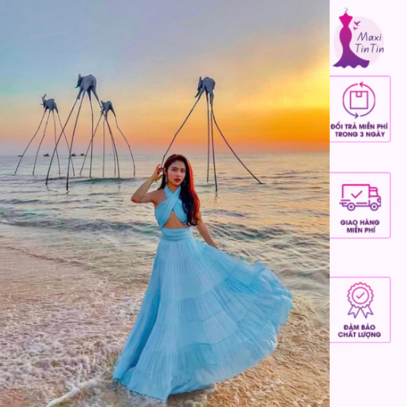 Đầm maxi đi biển hai dây đan chéo lưng dáng xoè siêu rộng sống ảo siêu xinh sang chảnh