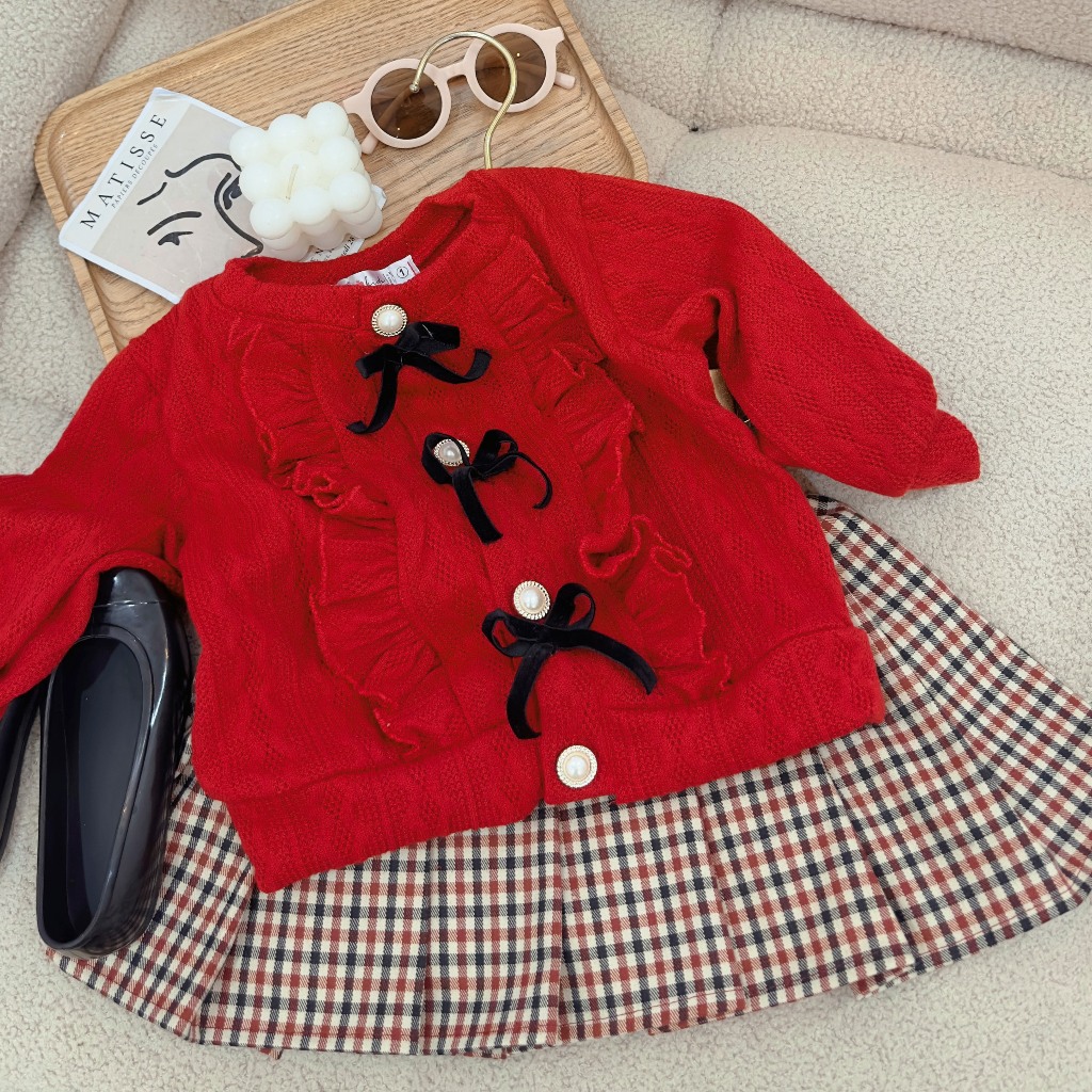 Set Áo Len Cadigan Đính Nơ Phối Bèo Cho Bé Gái WOWKID Kèm Chân Váy Xếp Ly Cho Bé Từ 8-24kg