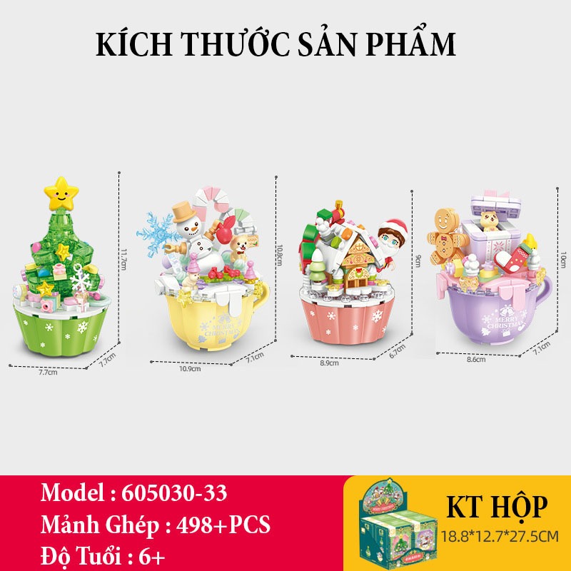 Đồ Chơi Lắp Ráp Kiểu Lego Giáng Sinh Set 4 Bộ Mô Hình Người Tuyết, Ông Già Noel, Cây Thông No.605030-605033 Với 498+PCS
