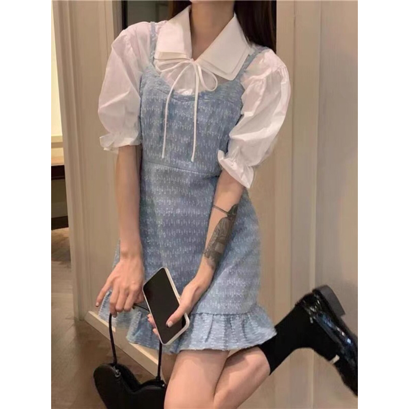 Set áo sơ mi trắng ngắn tay + váy 2 dây xanh đuôi cá dễ thương Hàn Quốc