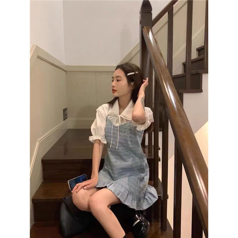 Set áo sơ mi trắng ngắn tay + váy 2 dây xanh đuôi cá dễ thương Hàn Quốc