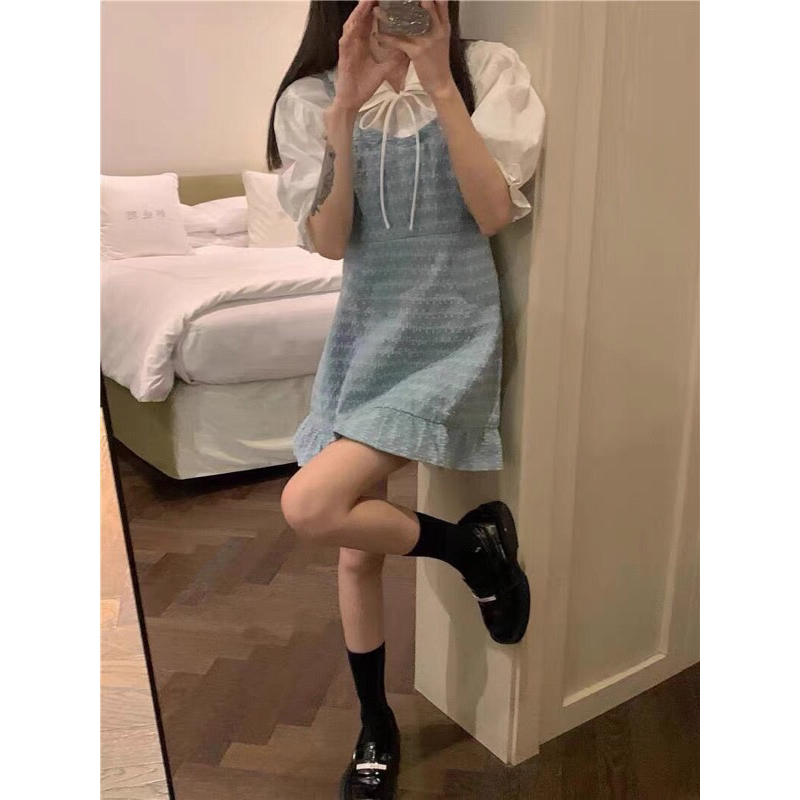 Set áo sơ mi trắng ngắn tay + váy 2 dây xanh đuôi cá dễ thương Hàn Quốc