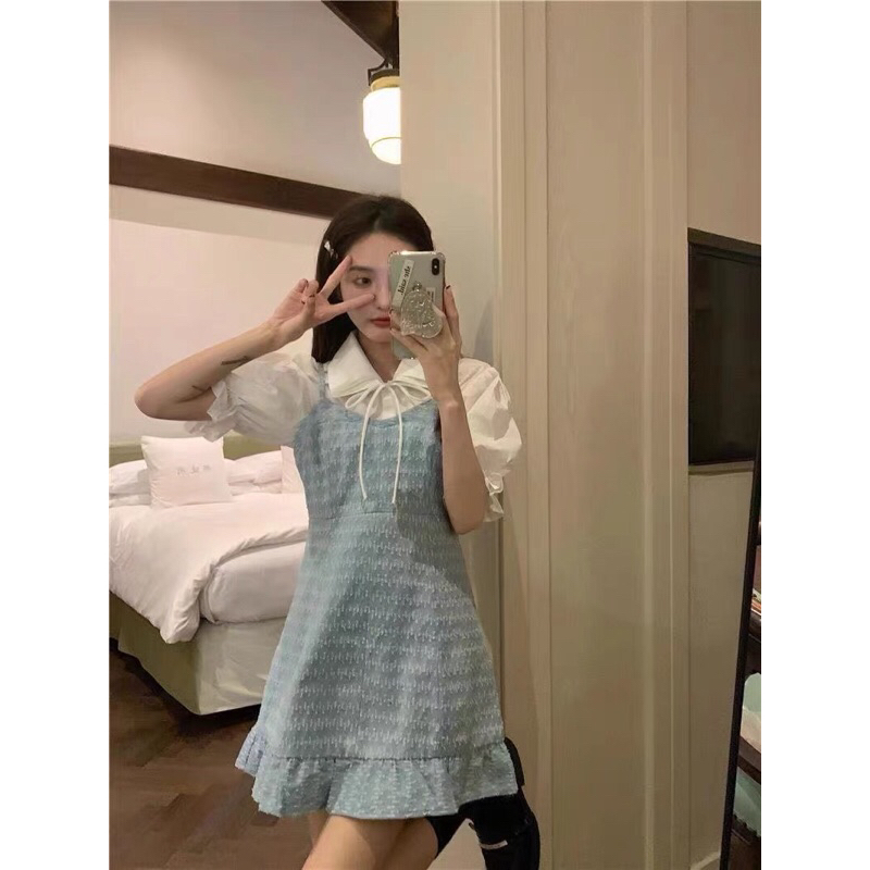 Set áo sơ mi trắng ngắn tay + váy 2 dây xanh đuôi cá dễ thương Hàn Quốc